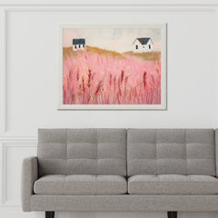 Abstract Pink Meadow Painting With Grass and House