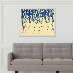 Scattered Blue Paint on Yellow Background Abstract Wall Art