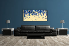 Scattered Blue Paint on Yellow Background Abstract Wall Art