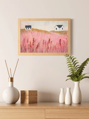 Abstract Pink Meadow Painting With Grass and House