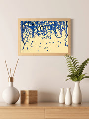 Scattered Blue Paint on Yellow Background Abstract Wall Art