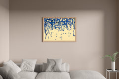 Scattered Blue Paint on Yellow Background Abstract Wall Art