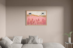 Abstract Pink Meadow Painting With Grass and House