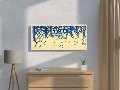 Scattered Blue Paint on Yellow Background Abstract Wall Art