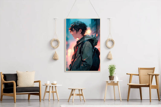 Anime Boy with backpack In street In The Rain Anime Wall Art - beink online art store