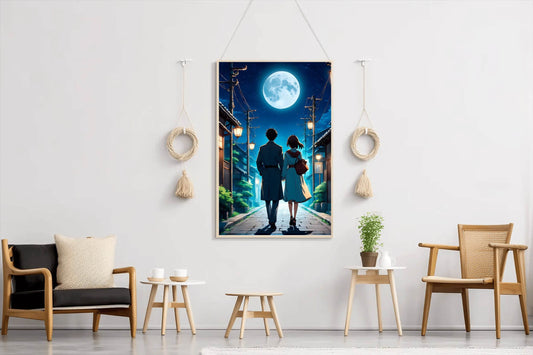 Anime scene of a Man and a Woman Walking Down Under the Moon Anime Wall Art - beink online art store