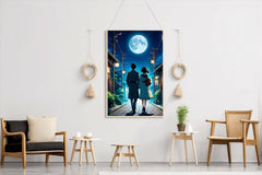 Anime scene of a Man and a Woman Walking Down Under the Moon Anime Wall  Art