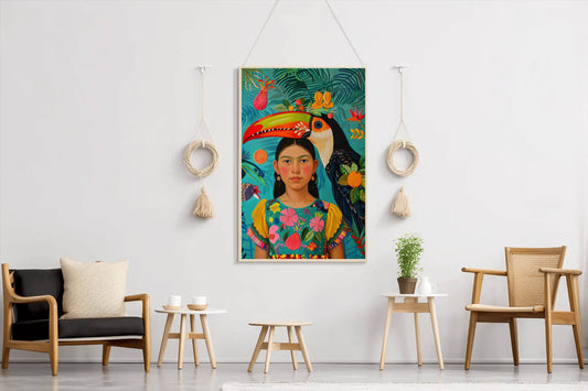 Girl and Macaw in Tropical Rain Forest Art - beink online art store