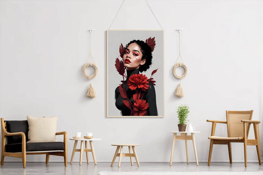 Lady with Curly Hair and Red Flower Wall Art - beink online art store