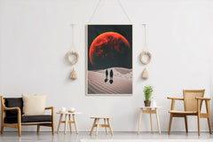 Desolate monochrome wasteland with red moon, solar eclipse at night wall art - beink online art store