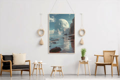 A planet in a space and big moon in a blue sky wall artwork