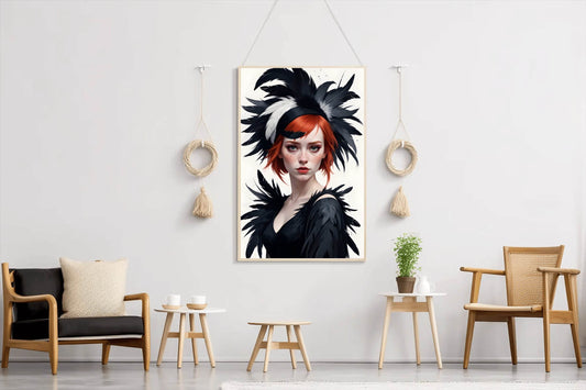 Women Character Red Hair with Black Feather Hat Wall Art - beink online art store