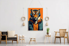 Painting of a Tiger Wearing Headphones and a Jacket.