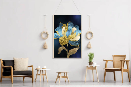 Golden and Blue Flower Modern Wall Art - beink online art store