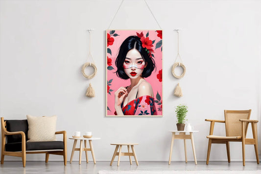 Japanese character with Pink and Red flower background Wall Art - beink online art store