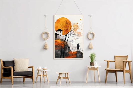 Orange Moon and Ancient House Wall Art - beink online art store