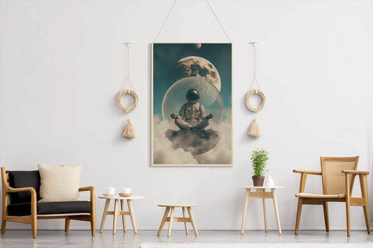 Astronaut is engaged in meditation in space wall art - beink online art store