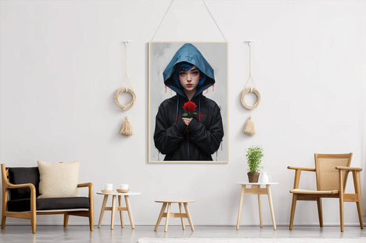Anime Girl with Blue Hair and Blue Eyes in a Blue Jacket Wall Art - beink online art store