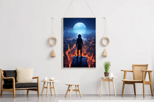 Man Stands On a Ledge Looking At a Cityscape Anime Wall Art - beink online art store