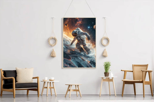 astronauts surfing on a surfboard in space with stars on planet Wall Art - beink online art store