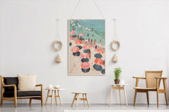 Painting People On The Beach With Umbrellas Wall Art