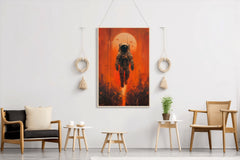 An astronaut floats in outer space with red orange background wall art - beink online art store