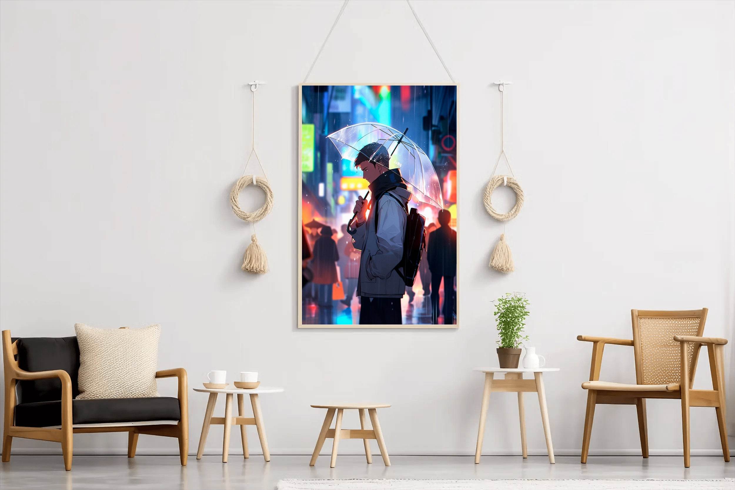 Guy Standing In Rain With Umbrella Anime Wall Art - beink online art store