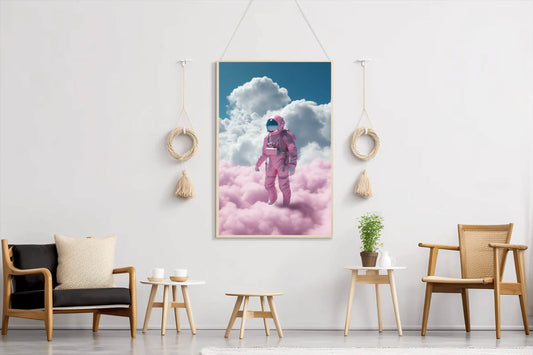 Astronaut in pink suit standing in a cloud Wall Art - beink online art store