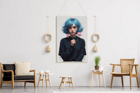 Anime Girl with Blue Hair and Pink flower Wall Art - beink online art store