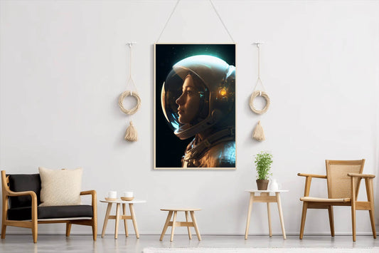 Side view female astronaut wearing spacesuit in space - beink online art store