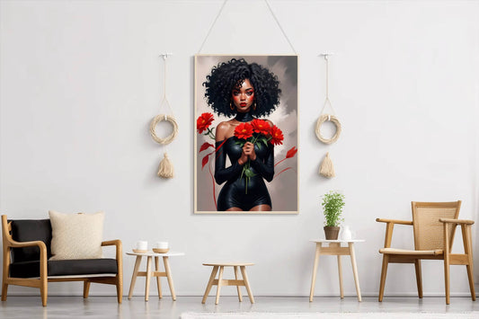 Black Woman in Black Dress Holding Red flower Wall Art - beink online art store