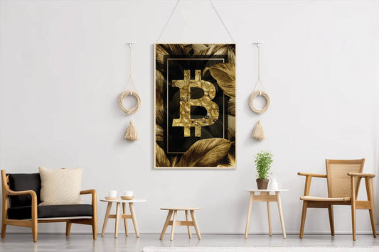 Bitcoin Logo with Gold Leaves Background Wall Art - beink online art store