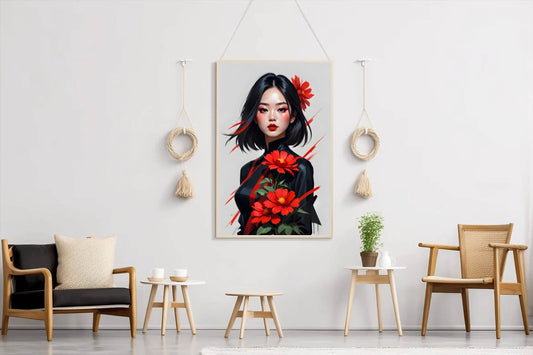 Asian Style lady with Red Flower Wall Art - beink online art store