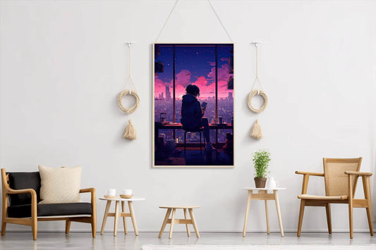 Evening Cityscape Neon Lights Lofi Style and Moody Anime Wall Art - beink online art store