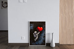 Astronaut in the space holding a big red heart wall art - beink online art store