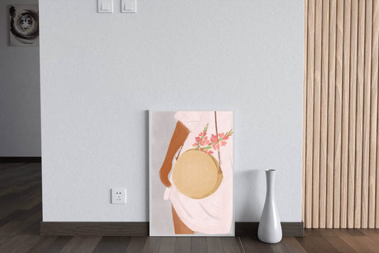 Woman in A White Shirt With A Bag Decorated With Flowers Wall Art - beink online art store