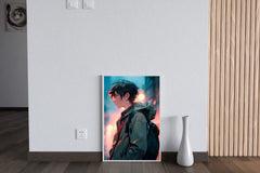 Anime Boy with backpack In street In The Rain  Anime Wall Art