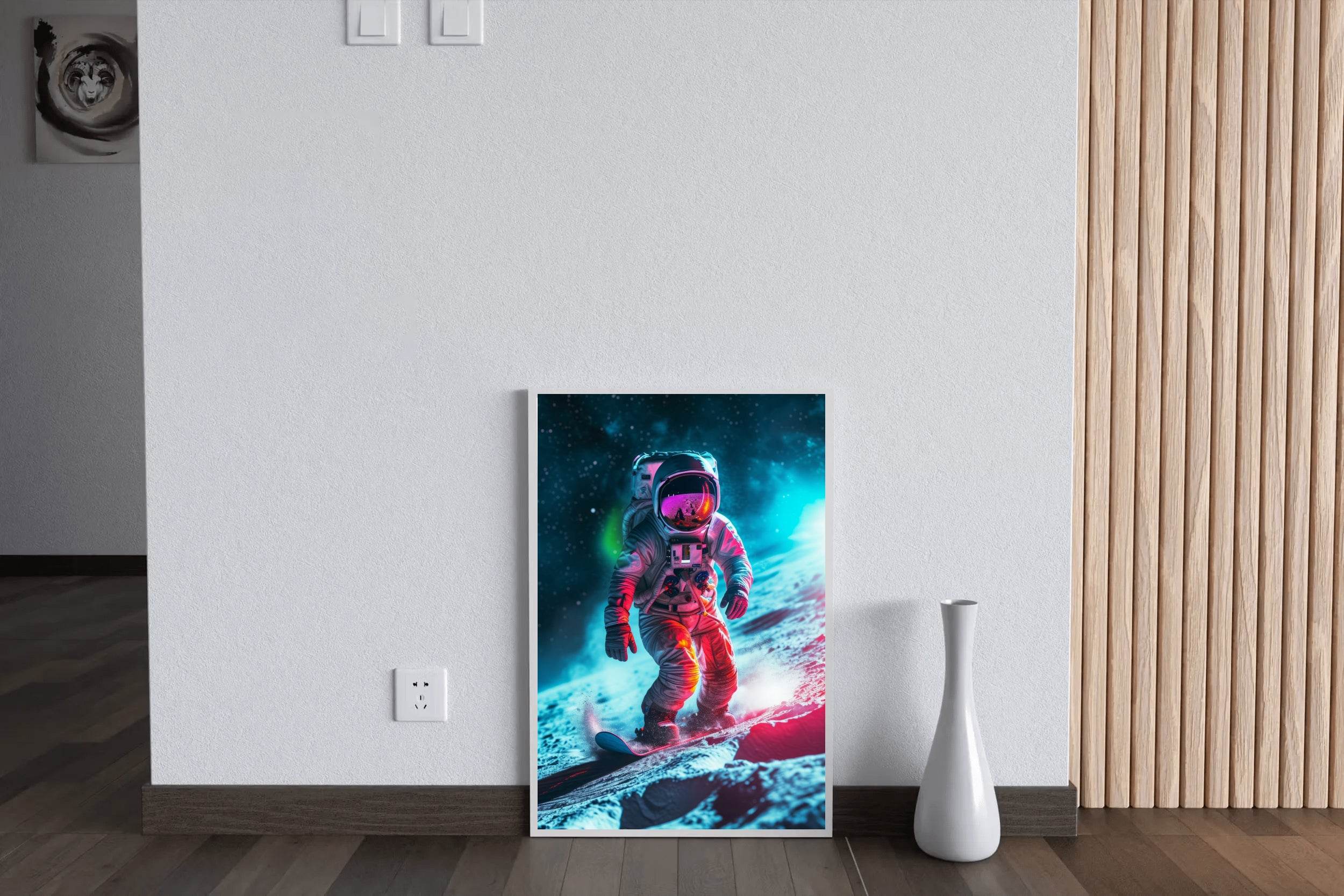 Astronaut with spacesuit on practicing snowboarding on the moon - beink online art store