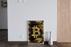 Bitcoin Logo with Gold Leaves Background Wall Art