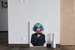 Anime Girl with Blue Hair and Pink flower Wall Art - beink online art store