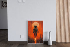 An astronaut floats in outer space with red orange background wall art - beink online art store