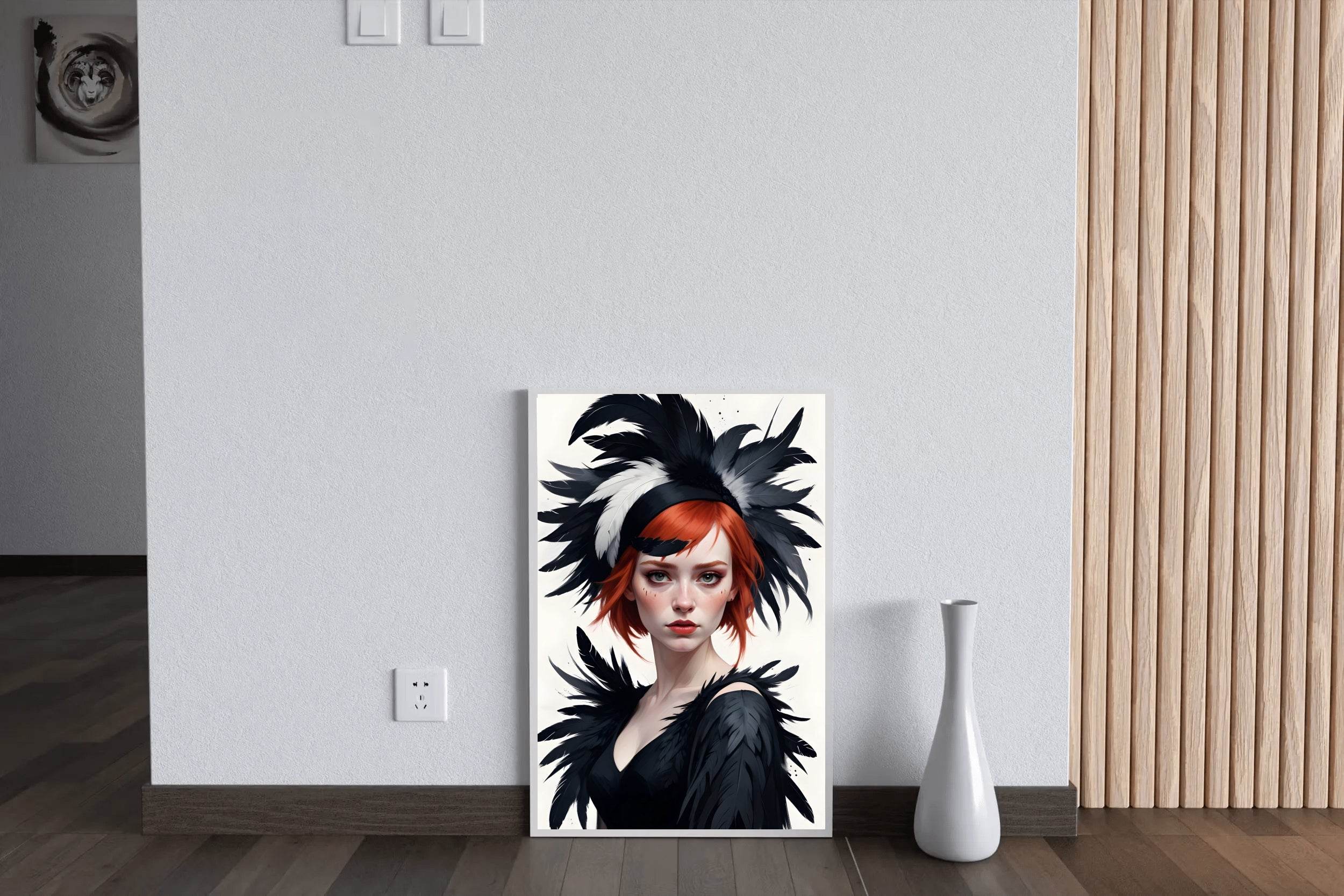 Women Character Red Hair with Black Feather Hat Wall Art - beink online art store