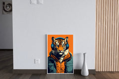 Painting of a Tiger Wearing Headphones and a Jacket.