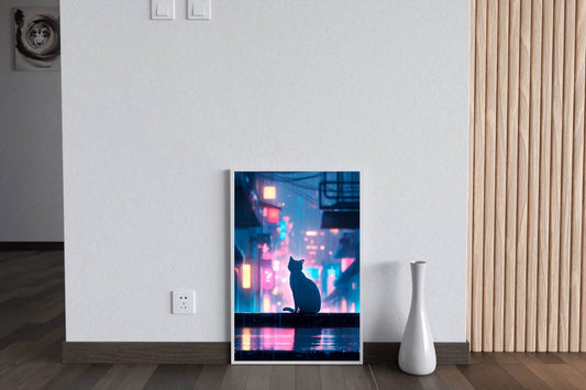 Cat In Cyberpunk City Anime Wall Art - beink online art store