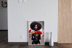 Black Woman in Black Dress Holding Red flower Wall Art - beink online art store