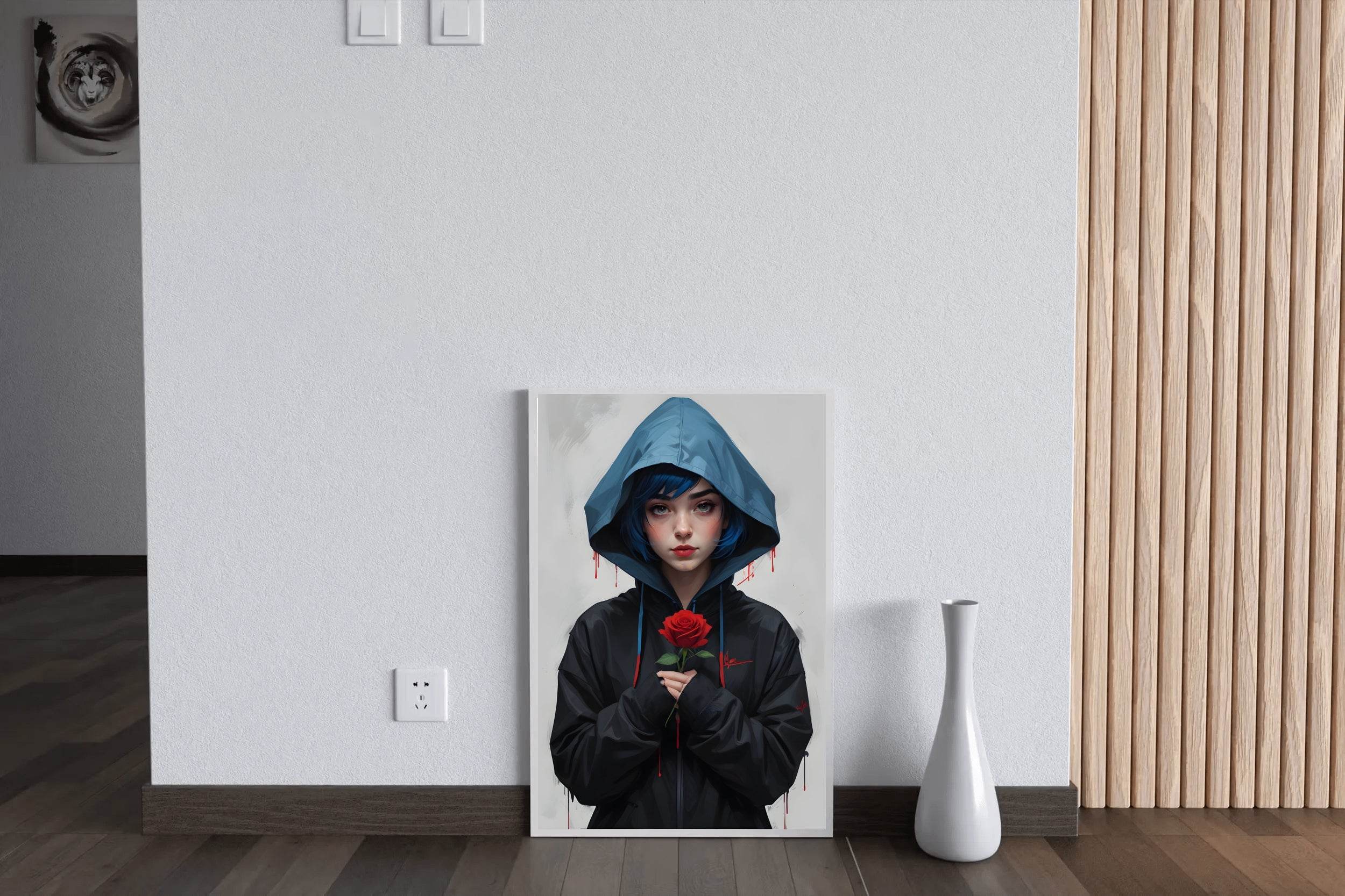Anime Girl with Blue Hair and Blue Eyes in a Blue Jacket Wall Art - beink online art store