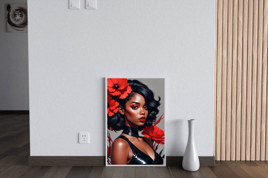 Abstract Style Anime Art of Black Girl with Red Flower Wall Art - beink online art store