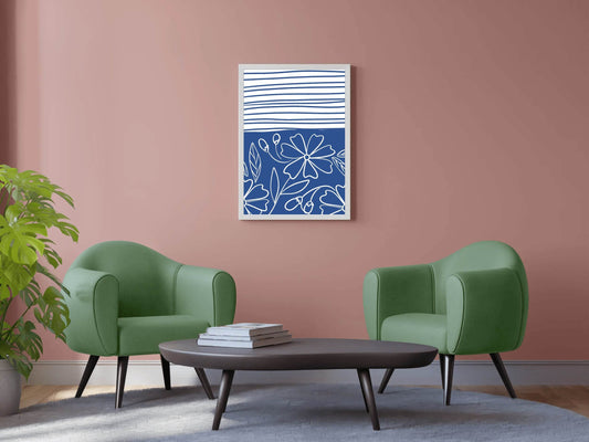 Blue and White Striped Paper With Flowers Wall Art - beink online art store