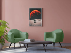 Desolate monochrome wasteland with red moon, solar eclipse at night wall art