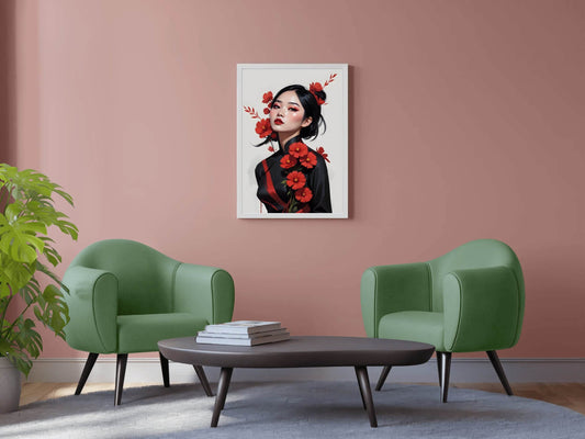 Asian Lady with Traditional Dress with Red flower Wall Art - beink online art store